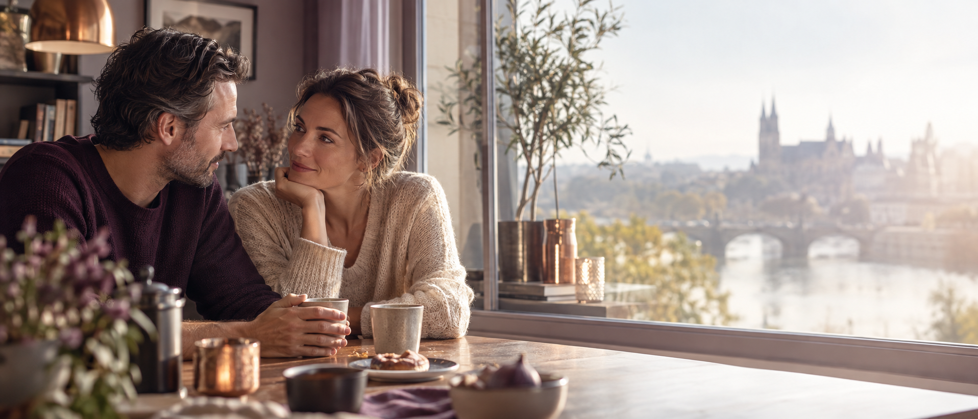 Ein Paar führt am Fenster bei Kaffee ein vertrautes Gespräch